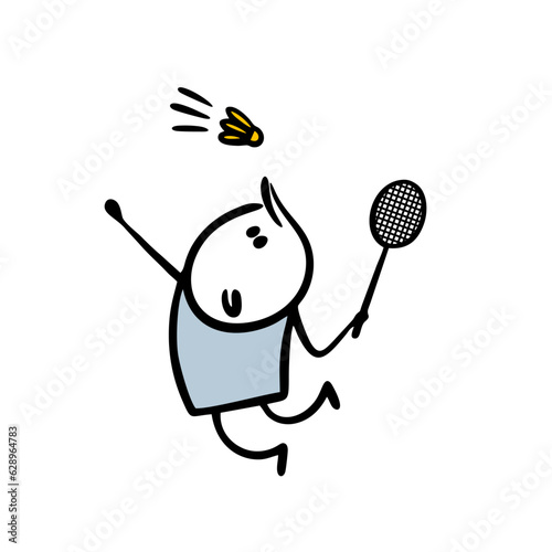 Badminton competitions. Vector illustration of cartoon boy jumping up with a racket and beating a shuttlecock.