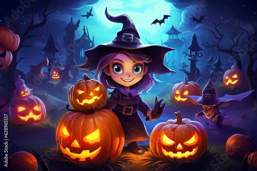 Cute colorful halloween illustration with girl in witch costume , carved glowing pumpkins and castle and bats in the back. High quality photo