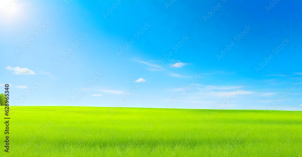 Beautiful natural landscape of a green field with grass against a blue sky with sun. Spring summer blurred background
