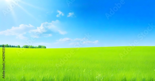 Beautiful natural landscape of a green field with grass against a blue sky with sun. Spring summer blurred background
