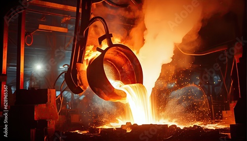 Liquid steel is poured from a metallurgical ladle photo