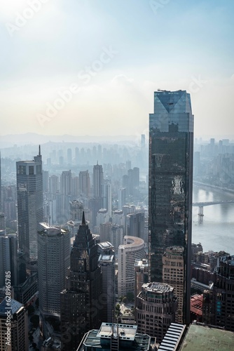 Stunning aerial view of the skyline of Shanghai  China  featuring modern high-rise buildings
