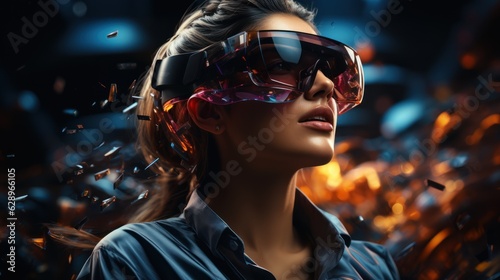 Beautiful woman with curly hair in a futuristic dress over dark background young woman in glasses of virtual reality, game, futuristic technology concept.