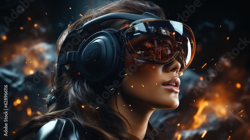 Beautiful woman with curly hair in a futuristic dress over dark background young woman in glasses of virtual reality, game, futuristic technology concept.