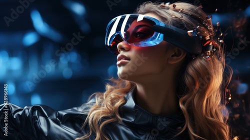 Beautiful woman with curly hair in a futuristic dress over dark background young woman in glasses of virtual reality, game, futuristic technology concept. © sirisakboakaew