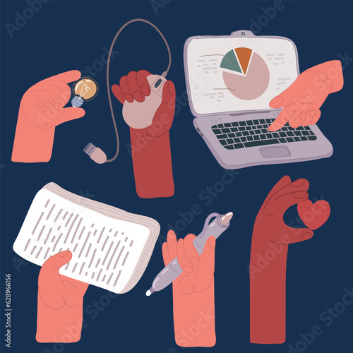 Cartoon vector illustration of Hand holding various objects. Set of hand holding light bulb and laptop, mouse, contract and pen, like. New idea, innovation technology and creativity, social media cont