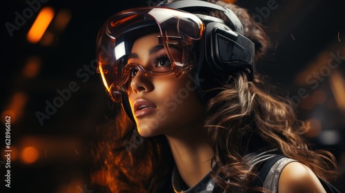 Beautiful woman with curly hair in a futuristic dress over dark background young woman in glasses of virtual reality, game, futuristic technology concept. © sirisakboakaew