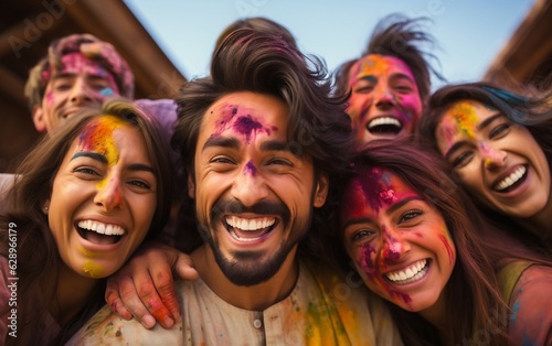 Indian Friends Celebrating Holi. Generative AI