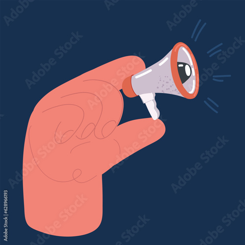 Cartoon vector illustration of Loudspeake. Hand holding megaphone. Tiny loudspeaker make announcements. Banner for business, marketing and advertising. Social media marketing concept. photo