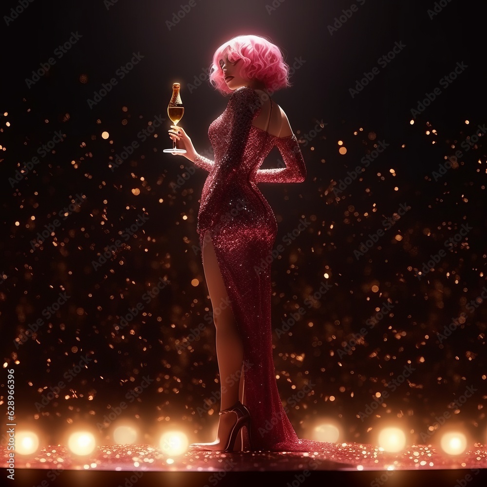
A girl with short pink hair stands on the podium in a beautiful pink dress with sequins and sparkles and a glass in her hands. Soffit light. Generative AI