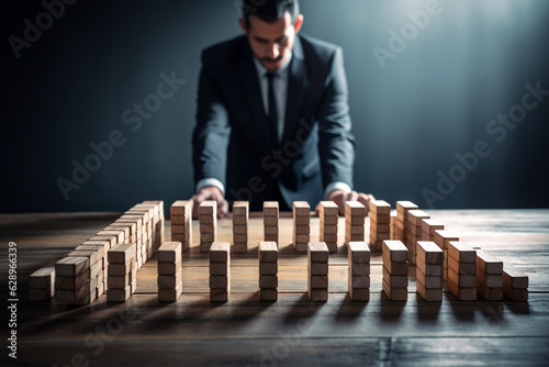 Stopping the domino effect concept for business solution, strategy and successful intervention. High quality photo