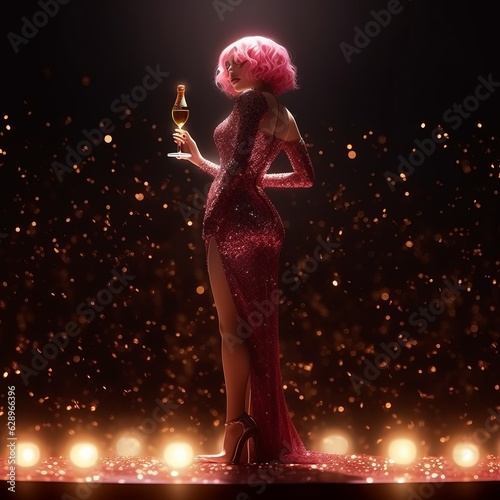  A girl with short pink hair stands on the podium in a beautiful pink dress with sequins and sparkles and a glass in her hands. Soffit light. Generative AI