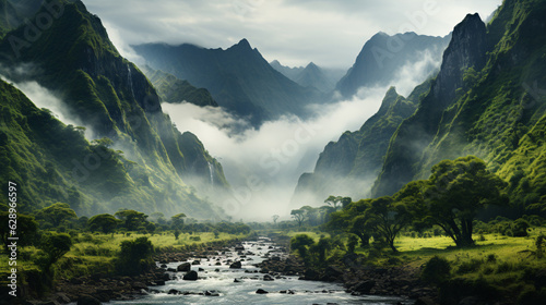 A misty Colombian mountain range with jagged peaks covered in thick clouds. The landscape is rugged and awe-inspiring, with deep valleys
