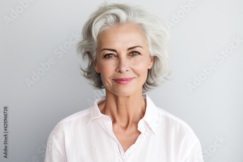 Portrait of Smiling confident stylish mature middle aged woman standing at home office. Old senior businesswoman, 60s gray-haired lady executive business leader manager looking at camera . High