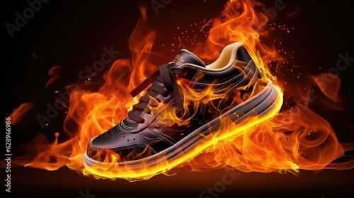 Burning shoes. Sneakers or gym shoes on fire. burnout from physical exertion, training