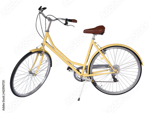 Yellow retro bicycle, generic clean and new. Brown leather saddle and handles. Vintage look city bike. Png isolated on transparent background