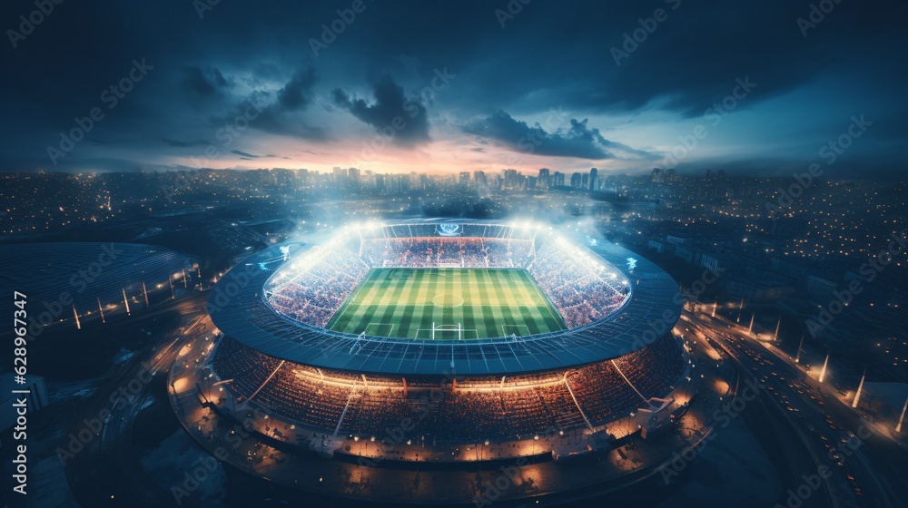 Aerial Shot of a Whole Stadium with Soccer Championship Match. Teams Play, Crowd of Fans Cheer. Football Tournament, Cup Broadcast. - obrazy, fototapety, plakaty 