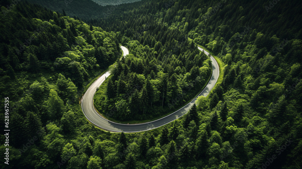 Fototapeta premium Aerial view of a road in the middle of the green forest , road curve up to mountain. Travel with car concept.