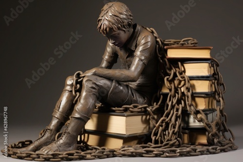 A poignant sculpture unveils a child striving to extract a book from a stack bound in heavy chains, symbolizing the arduous quest for knowledge amidst societal oppression. photo