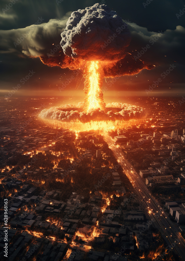 Drone view of a nuclear explosion occurring in a city during an apocalyptic war would create a fire mushroom cloud, generative ai Drone view of a nuclear explosion occurring in a city during an apocalyptic war would create a fire mushroom cloud, generative ai