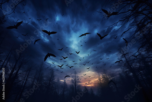 Dramatic mystical background - glowing full moon rises  flock of crows flies in dark sky  generative ai 