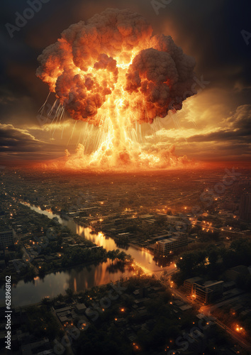 Drone view of a nuclear explosion occurring in a city during an apocalyptic war would create a fire mushroom cloud, generative ai 