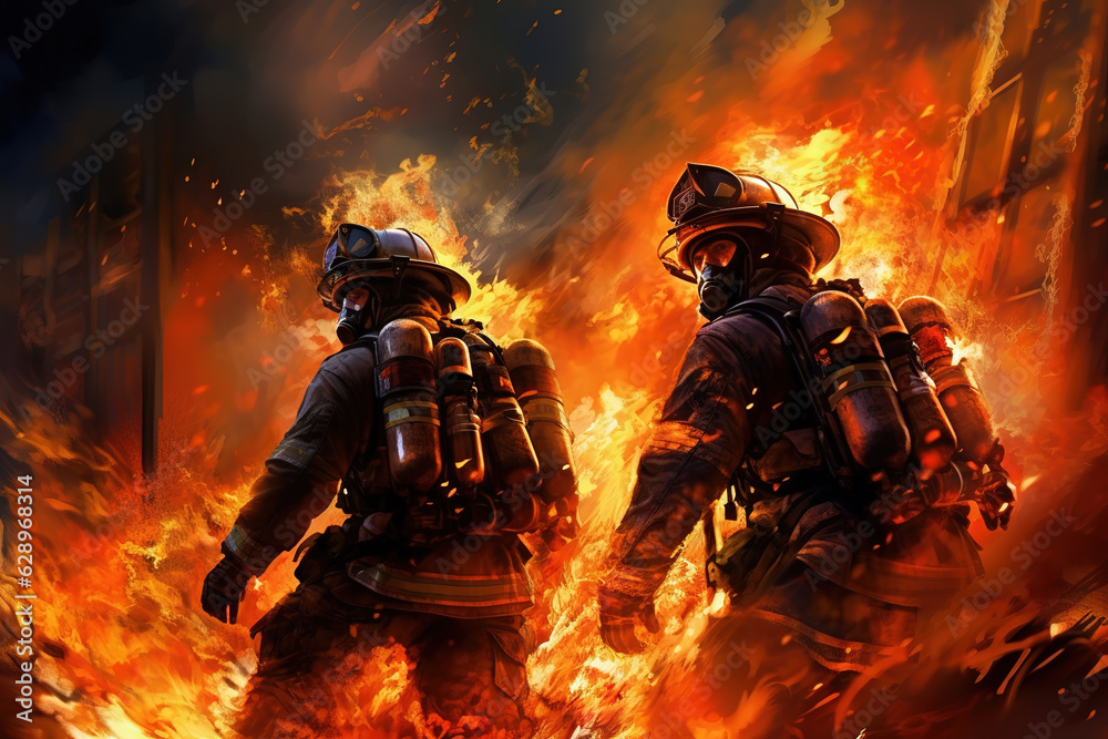 Heroes in uniform and gear fight flames, generative ai Heroes in uniform and gear fight flames, generative ai