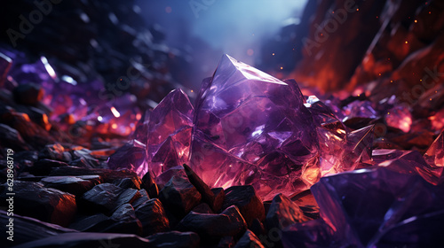 pink crystals amid volcano rocks, generative ai