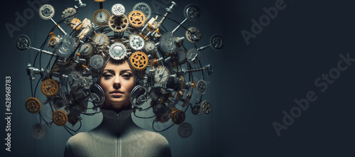 Woman with clock wheels, gears, above her head. Time, thinking, mental health concept. AI generative, illustration