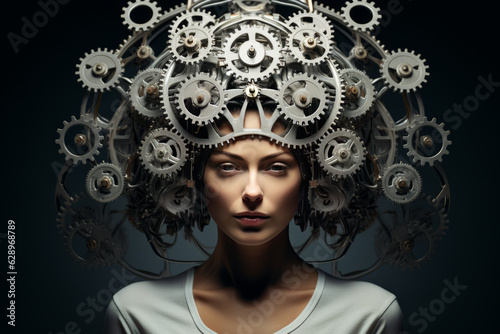 Woman with clock wheels, gears, above her head. Time, thinking, mental health concept. AI generative, illustration