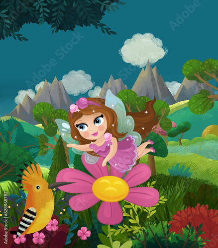 cartoon happy fairy tale scene with nature forest and funny elf