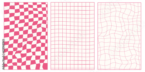 Vector set of groovy 70s pink poster.Chessboard and twisted patterns. Backgrounds in trendy retro trippy style.Twisted and distorted vector texture in trendy retro psychedelic style.