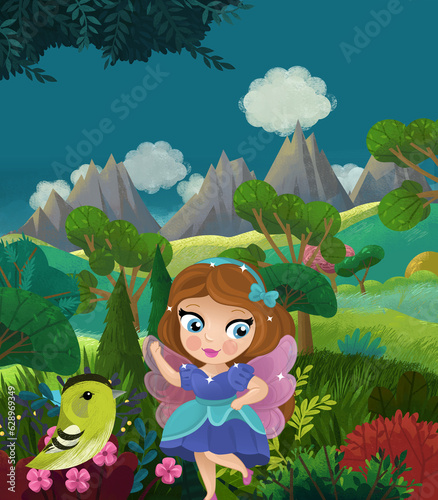 cartoon happy fairy tale scene with nature forest and funny elf
