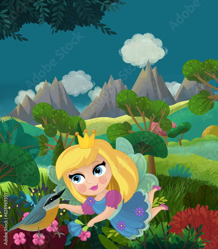 cartoon happy fairy tale scene with nature forest and funny elf
