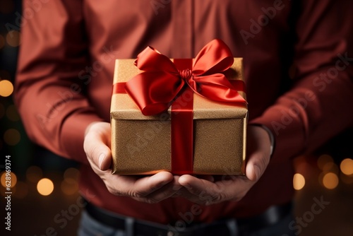Partial View of Man's Hand Holding Gift Box with Red Ribbon. AI