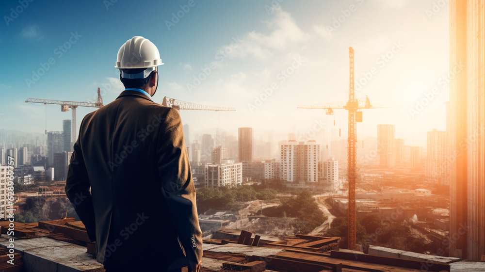 construction worker in helmet in front of construction site. Generative AI construction worker in helmet in front of construction site. Generative AI