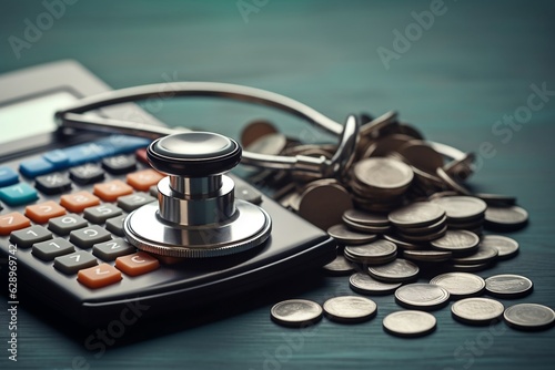 Stethoscope and Calculator Symbol on Gray Background with Copy Space for Hospital Expenses. Cost-Focused Healthcare Insurance.. AI photo