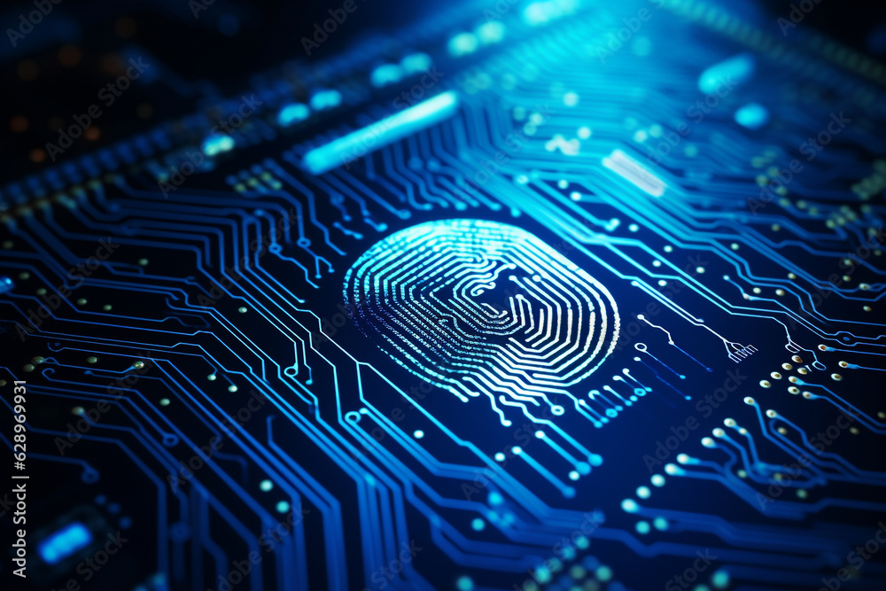 Fingerprint integrated in a printed circuit, releasing binary codes. Biometric security . High quality photo Fingerprint integrated in a printed circuit, releasing binary codes. Biometric security . High quality photo