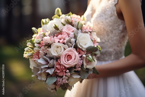 Wedding Bouquet Held by Bride and Groom on Their Wedding Day. AI