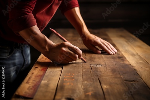 Worker's Hand Measuring and Marking a Wooden Plank with a Pencil. AI