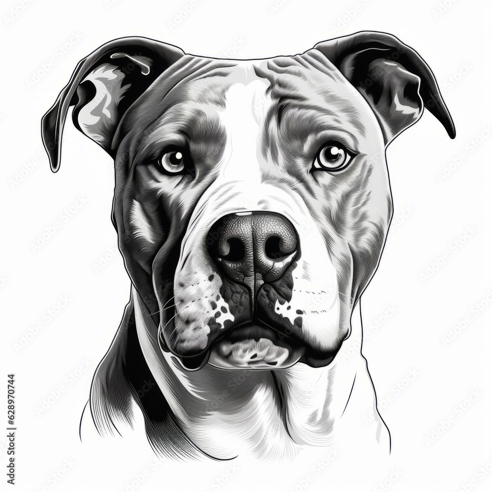 Pitbull portrait. Graphic with a strong dog. Tattoo-ready design.