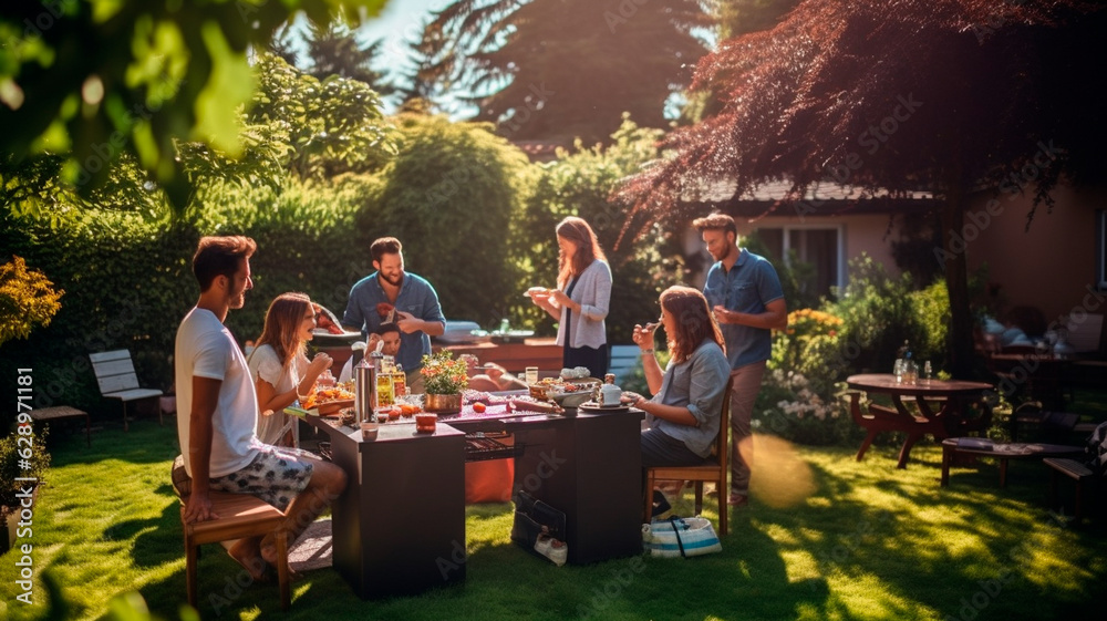the family sits in the garden at the table. Generative AI the family sits in the garden at the table. Generative AI