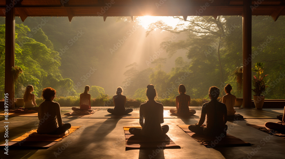 group of people practicing yoga on the mat in the evening at sunrise, yoga, thailand. Generative AI - obrazy, fototapety, plakaty 
