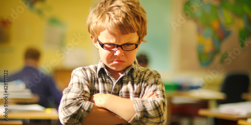 Compelling portrait of defiant, disruptive young student in classroom setting, showcasing a raw display of emotion and behavior. Generative AI