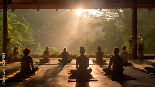 Obraz na płótnie group of people practicing yoga on the mat in the evening at sunrise, yoga, thailand. Generative AI w salonie