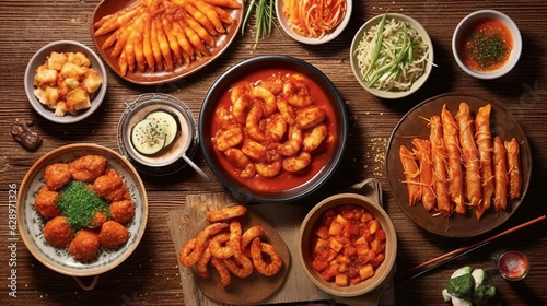 Teokbokki, a traditional dish in South Korea made from karetteok, gochujang. Delicious food in a deep plate. Food in hot sauce. Generative AI