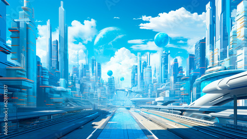 futuristic city sci fi fi with blue and white futuristic space background with glowing neon lights and alien planet with reflection. Generative AI illustrator