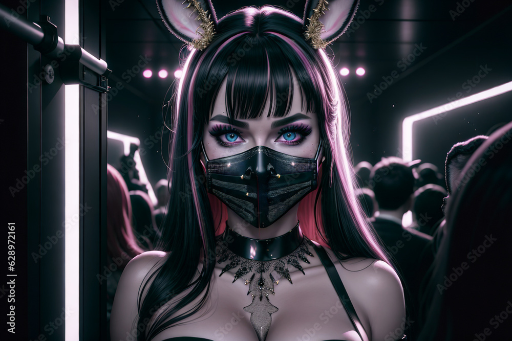 beautiful woman in lingerie with a gun and a black mask on the background of the night city.generative ai beautiful woman in lingerie with a gun and a black mask on the background of the night city.generative ai