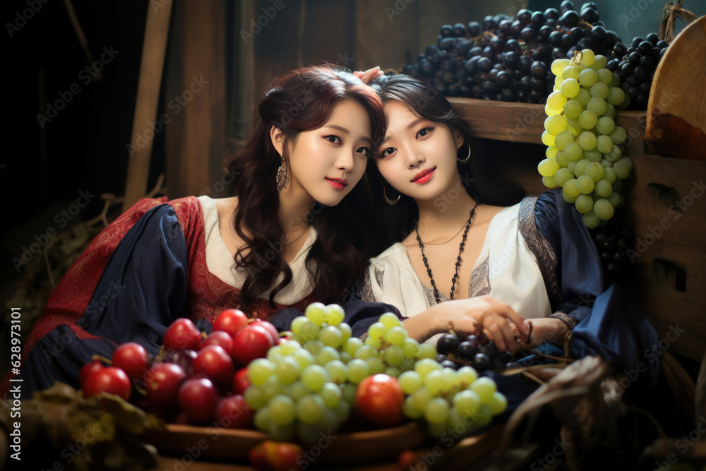 Grape Queens: Two Radiant Asian Women Positively Pose Amidst Their Fruitful Grape Harvest. Generative AI Grape Queens: Two Radiant Asian Women Positively Pose Amidst Their Fruitful Grape Harvest. Generative AI