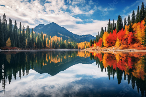 A serene mountain landscape with snow-capped peaks piercing through the clouds  a tranquil alpine lake reflecting the vibrant colors of the surrounding autumn foliage. High quality photo